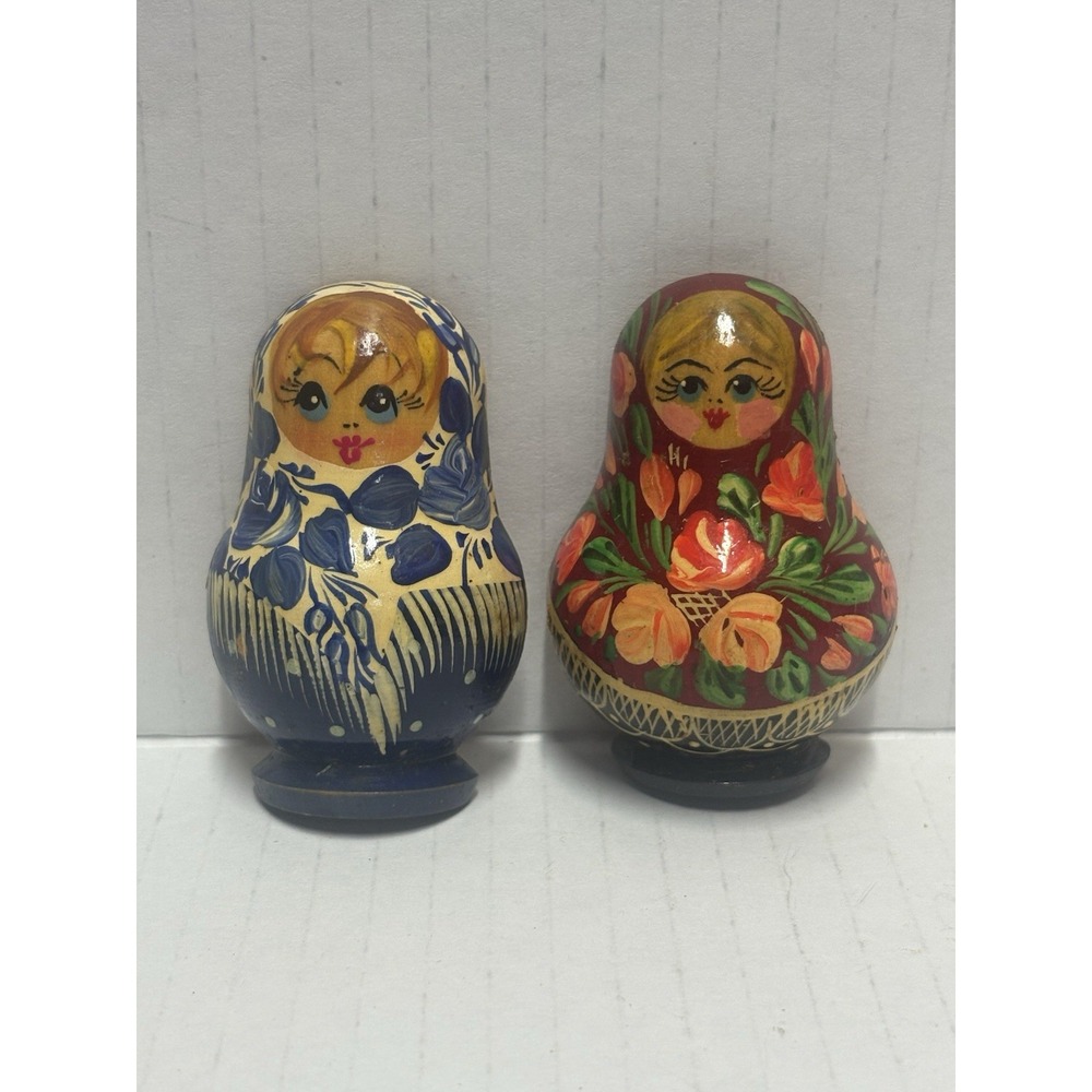 Russian Nesting Doll Look Refrigerator Magnet 2.5" Wood Set of 2 Vintage